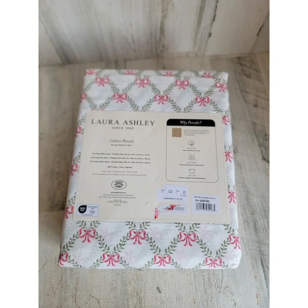 Laura Ashley‎ NEW bow trellis King bedsheet 3pc Xmas home decor holiday